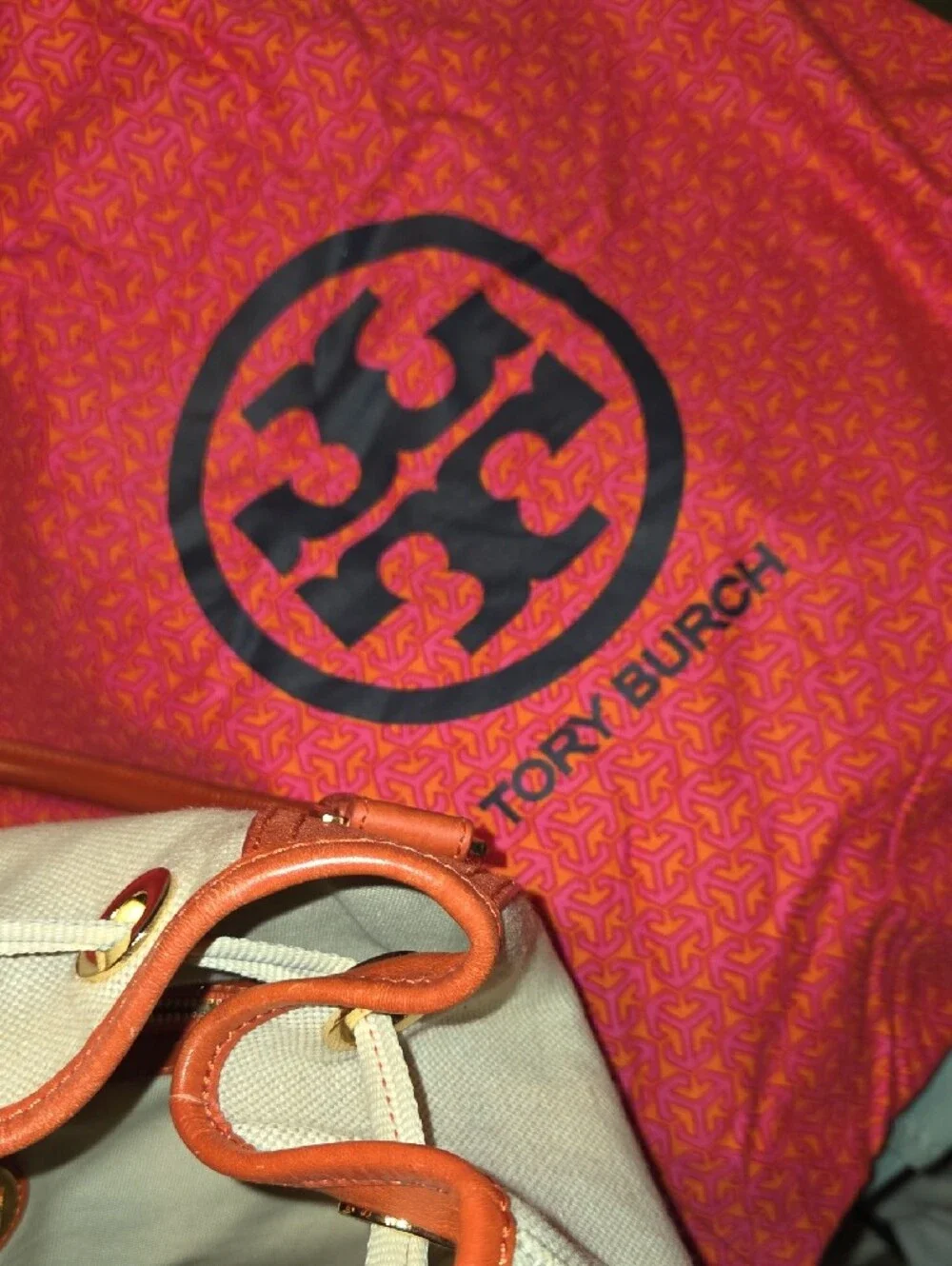 Tory Burch Cream Canvas Tote with Tan Leather Trim